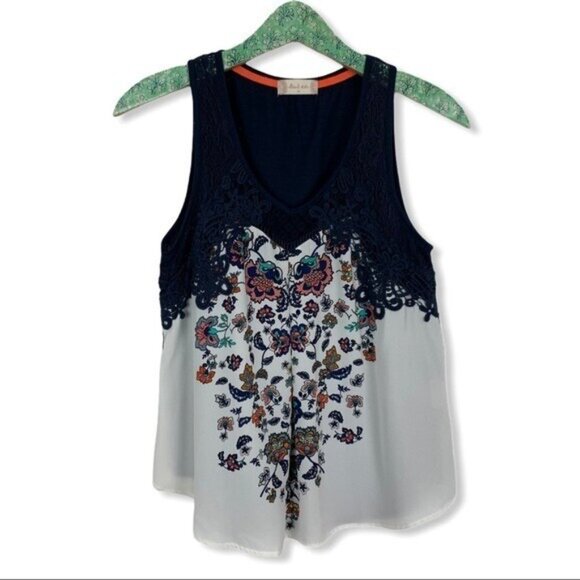 Altar’d State Women’s Medium Sleeveless Lace Boho Floral Blouse Tank Top Navy - Picture 1 of 5